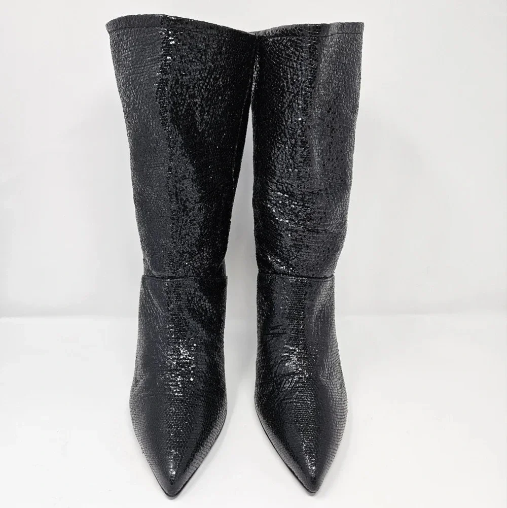 Allsaints Orlana Shimmer Black Boots Sz 10 Shimmery Leather Pointed Toe fall